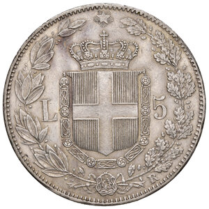 reverse: Savoia. Umberto I re d’Italia (1878-1900). Da 5 lire 1879 AG. Pagani 590. MIR 1100a. Lieve abrasione sul bordo al dr., altrimenti SPL 