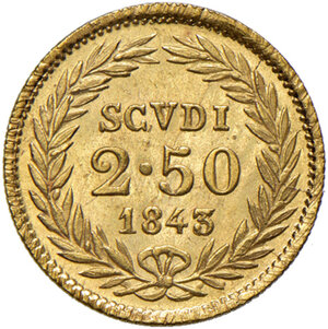reverse: Bologna. Gregorio XVI (1831-1846). Da 2,50 scudi 1843 anno XIII (cifra X su I) AV. Pagani 148. Chimienti 1290. Molto rara. q.FDC  