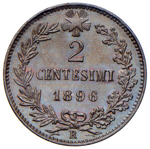reverse: Savoia. Umberto I re d’Italia (1878-1900). Da 2 centesimi 1896 (Roma) CU. Pagani 621. MIR 1108b. Molto rara. q.FDC/FDC 
