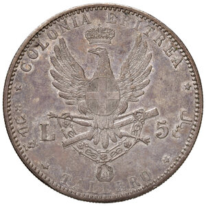 reverse: Savoia. Umberto I re d’Italia (1878-1900). Monetazione per la Colonia Eritrea. Da 5 lire 1891 AG. Pagani 630. MIR 1110a. Rara. q.FDC 
