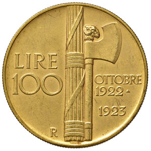 reverse: Savoia. Vittorio Emanuele III re d’Italia (1900-1946). Da 100 lire 1923 AV. Pagani 644. MIR 1116a. SPL 