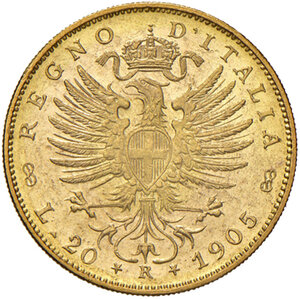 reverse: Savoia. Vittorio Emanuele III re d’Italia (1900-1946). Da 20 lire 1905 AV. Pagani 664. MIR 1125d.  Rara. q.FDC 