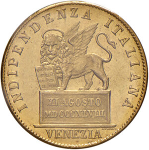 obverse: Venezia. Governo provvisorio (1848-1849). Da 20 lire 1848 AV. Pagani 176. Periziata Angelo Bazzoni q.FDC. Molto rara. q.FDC 