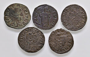 reverse: Fano. Lotto di cinque monete. Pio IV (1559-1565). Quattrino MI (2). Pio V (1566-1572). Quattrino MI (2). Gregorio XIII (1572-1585). Quattrino MI (1). Da BB a SPL 