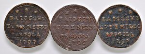 obverse: Pergola. Lotto di tre monete. Pio VI (1775-1799). Sampietrino da 2 baiocchi e mezzo 1796 (1) e 1797 (2) CU. q.BB-BB 
