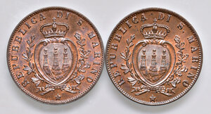 obverse: San Marino. Lotto di due monete. I periodo: 1864-1938. Da 5 centesimi 1894 (Roma) CU. FDC 