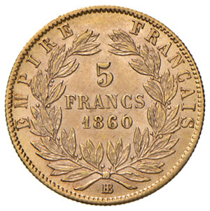reverse: Francia. Napoleone III (1852-1870). Da 5 franchi 1860 (Strasburgo) AV gr. 1,61. Friedberg 579. q.FDC 