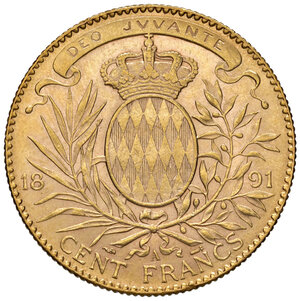 reverse: Principato di Monaco. Alberto I principe (1889-1922). Da 100 franchi 1891 (Parigi) AV gr. 32,23. Friedberg 13. SPL 