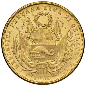 obverse: Perù. Repubblica (1822-). Da 8 escudos 1863 (Lima) AV gr. 27,00. Friedberg 68. Rara. Migliore di SPL 