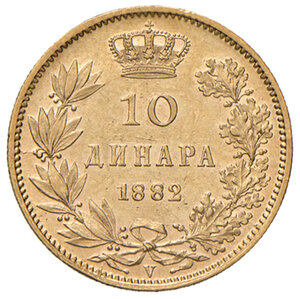 reverse: Serbia. Milan Obrenovich IV (1868-1889). Da 10 dinari 1882 (Vienna) AV gr. 3,20. Friedberg 5. q.SPL 