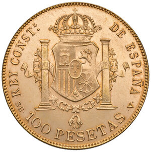 reverse: Spagna. Alfonso XIII (1886-1931). Da 100 pesetas 1897 (riconio di 810 esemplari del 1961) AV gr. 32,23. Friedberg 347R. q.FDC 