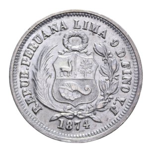 obverse: PERU  REPUBBLICA 1/5 SOL 1874 AG. 4,93 GR. SPL