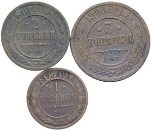 reverse: RUSSIA NICOLA II 3 KOPEKI 1908-2 KOPEKI 1907-1 KOPEK 1895 LOTTO 3 MONETE CU VARIE CONSERVAZIONI