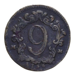 reverse: NAPOLI CARLO DI BORBONE (1734-1759) 1 1/2 TORNESI DA 9 CAVALLI 1756 RR CU 4,20 GR. BB