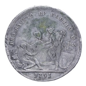 reverse: NAPOLI FERDINANDO IV (1759-1816) PIASTRA 120 GRANA 1791 PRO FAUSTO 7° TIPO RR AG. 26,99 GR. BB