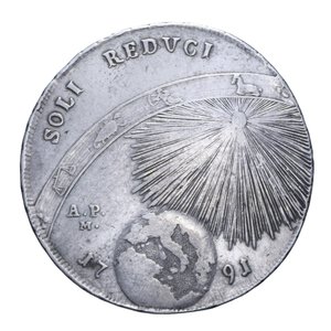 reverse: NAPOLI FERDINANDO IV (1759-1816) PIASTRA 120 GRANA 1791 SOLI REDUCI 8° TIPO NC AG. 27,12 GR. qBB/BB