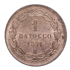 reverse: STATO PONTIFICIO PIO IX (1846-1870) 1 BAIOCCO 1851 BOLOGNA A. VI SENZA INIZIALI INCISORE R CU 10,40 GR. qFDC ROSSO
