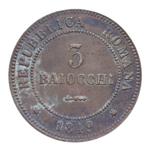reverse: SECONDA REPUBBLICA ROMANA (1848-1849) 3 BAIOCCHI 1849 ROMA 3 STRETTO NC CU 24,48 GR. BB+