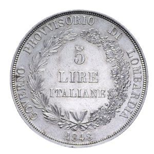 reverse: LOMBARDIA GOVERNO PROVVISORIO (1848) 5 LIRE 1848 AG. 25,02 GR. SPL+