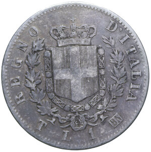 reverse: VITTORIO EMANUELE II (1861-1878) 1 LIRA 1863 TORINO STEMMA NC AG. 4,95 GR. qBB