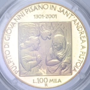 reverse: 100000 LIRE 2001 PULPITO DELLA PIEVE DI SANT ANDREA IN PISTOIA AU 15 GR. IN COFANETTO PROOF