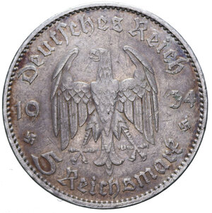 reverse: GERMANIA 5 MARCHI 1934 E AG. 13,87 GR. BB
