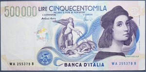 reverse: REPUBBLICA ITALIANA 500000 LIRE 13/5/1997 RAFFAELLO SANZIO qSPL