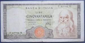 reverse: REPUBBLICA ITALIANA 50000 LIRE 3/7/1967 LEONARDO DA VINCI RR qBB