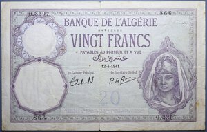 reverse: ALGERIA 20 FRANCHI 12-4-1941 BB (STRAPPETTI)
