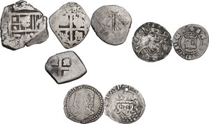 obverse: Spain. Multiple lot of eight (8) spanish AR coins, including (4) Macuquin type, (4) medieval deniers, all to be cataloged