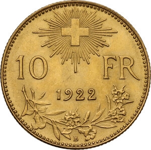 reverse: Switzerland.  Franz Joseph (1848-1916).. AV 10 Francs 1922