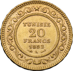 reverse: Tunisie.  French Protectorate (1881-1957). AV 20 Francs 1892 A, Paris mint