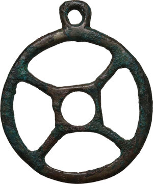 obverse: Bronze wheel pendant.  Diameter with original loop 41 mm.  Bronze Age c. 1500 BC