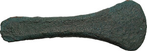 reverse: Bronze axe head,  80x28 mm.  Hallstatt period 1200-1000 BC