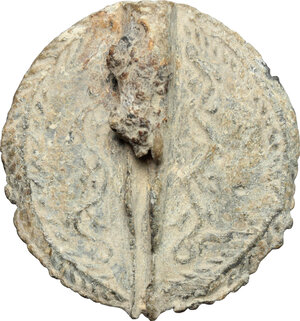 reverse: Lead decorative element with facing Athena.  Greek World, 3rd century BC.  26 mm