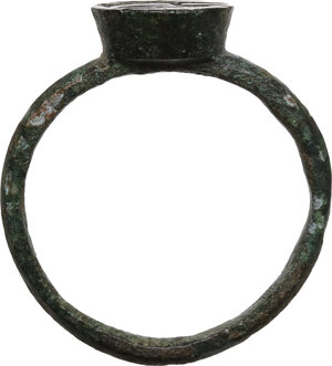 reverse: Bronze ring, bezel engraved with standing god holding scepter.  Inner diameter 21 mm.  Roman Period, 1st-3rd century