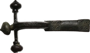 obverse: Bronze fibula in shape of a crossbow, ornamented, needle missing.  76x43 mm.  Roman Period, 3rd-4th century