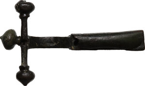 reverse: Bronze fibula in shape of a crossbow, ornamented, needle missing.  76x43 mm.  Roman Period, 3rd-4th century