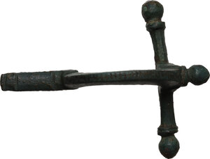 obverse: Bronze fibula in shape of a crossbow, ornamented, needle missing.  69x53 mm.  Roman period, 3rd-4th century