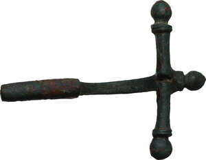 reverse: Bronze fibula in shape of a crossbow, ornamented, needle missing.  69x53 mm.  Roman period, 3rd-4th century