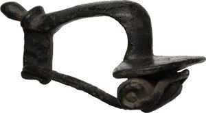 obverse: Bronze fibula with broad round ornamented plate.  39x26 mm  Roman period 1st-2nd century