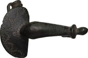 reverse: Bronze fibula with broad round ornamented plate.  39x26 mm  Roman period 1st-2nd century