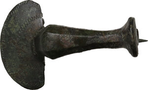 reverse: Bronze fibula with round ornamented plate.  36x22 mm.  Roman period 1st-2nd century