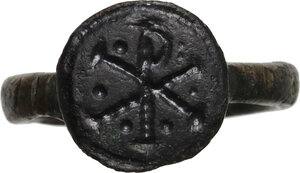 obverse: Bronze ring, bezel engraved with Christogram.  Inner diameter 17 mm.  Late Ancient Period, 6th-8th century