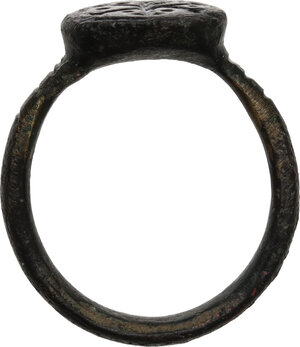 reverse: Bronze ring, bezel engraved with Christogram.  Inner diameter 17 mm.  Late Ancient Period, 6th-8th century