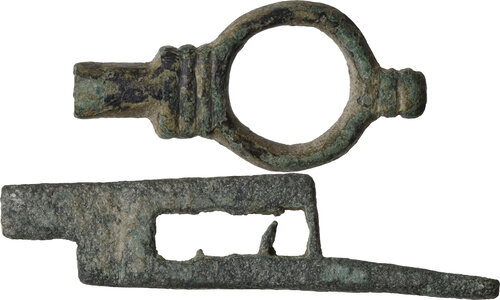 obverse: Lot of 2 bronze padlock elements.  Roman period, 1st-3rd century AD.  69 mm, 47 mm