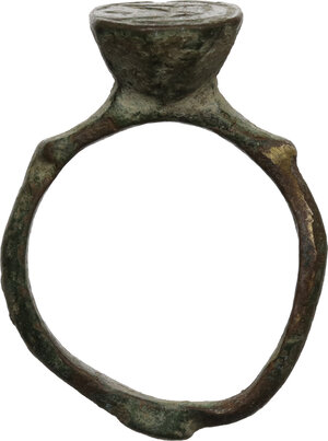 reverse: Bronze ring, bezel engraved with monogram.  Inner diameter 16mm  Byzantine Empire, 6th-10th century