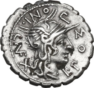 obverse: Cn. Domitius Ahenobarbus, L. Licinius Crassus, L. Pomponius.. Fourée Denarius serratus, 118 BC
