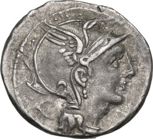 obverse: Appius Claudius Pulcher, T. Manlius Mancinus and Q. Urbinius . AR Denarius, 111-110 BC