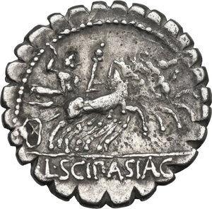 reverse: L. Cornelius Scipio Asiagenus.. AR Denarius serratus, 106 BC